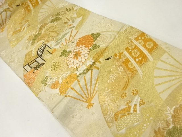 JAPANESE KIMONO / ANTIQUE MARU OBI / WOVEN CARRIAGE & KIKU WITH FAN